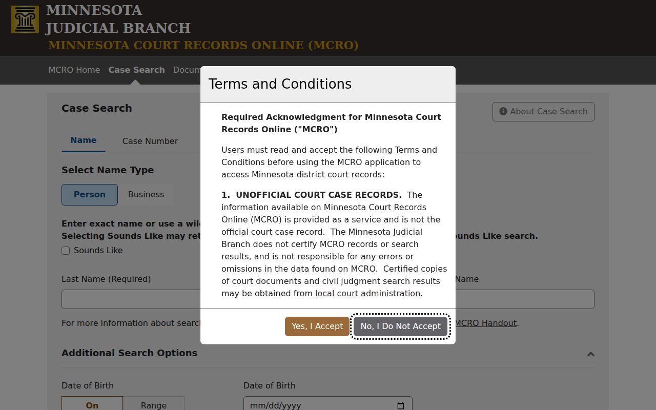 Minnesota MCRO blank court case search form