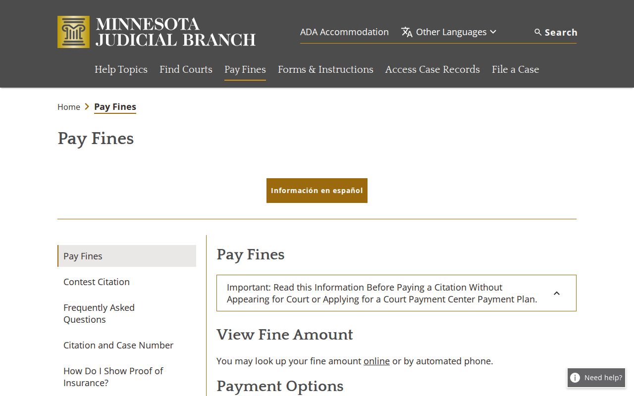 Minnesota traffic warrant citation payment information at the Court Payment Center