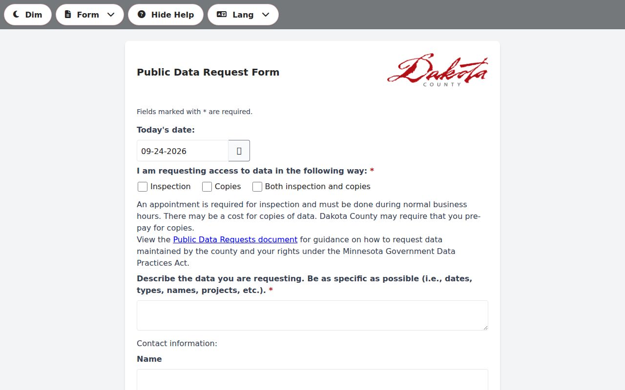 Minnesota warrant-record public-data request form shell