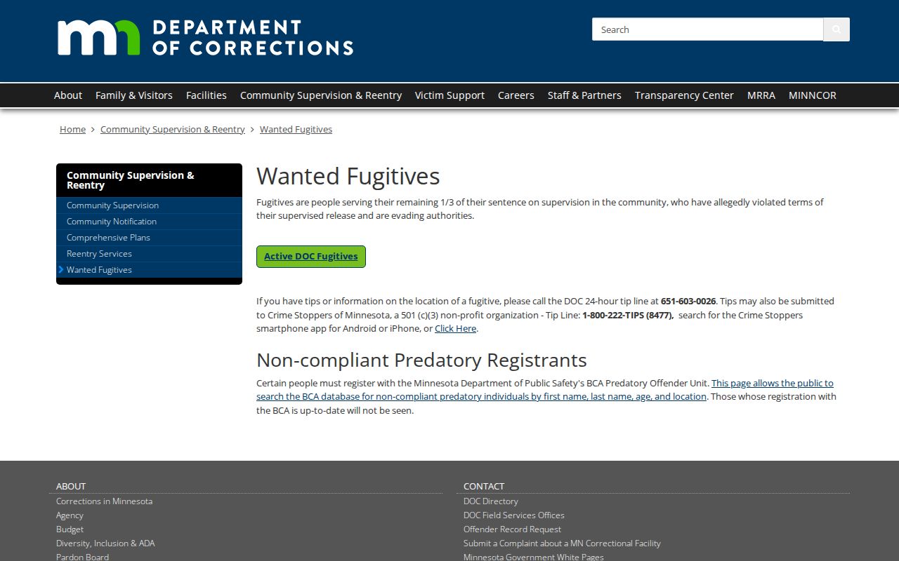 Minnesota most-wanted program page with DOC tip information