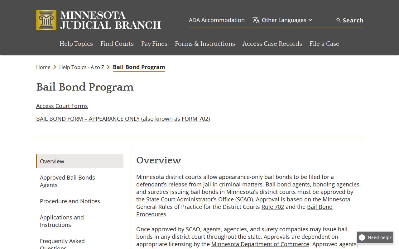 Minnesota statewide bail bond program information