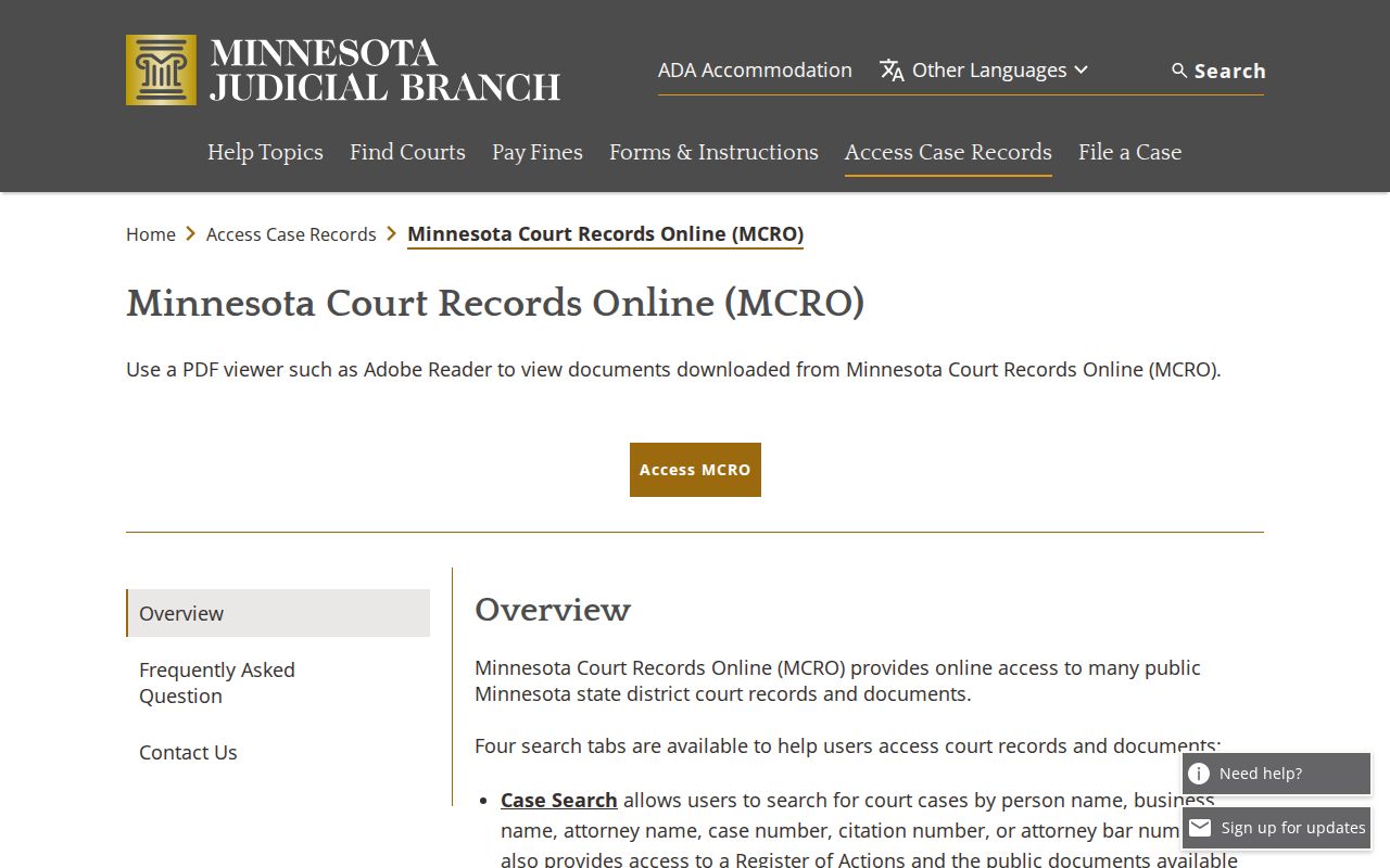 Minnesota public court case access information